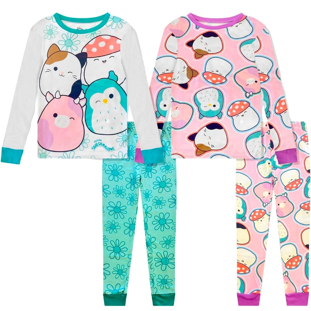 Squishmallow Kids 4 Piece Pajama Set, Long Sleeve Shirt, Pant, Sleepwear, Size 6